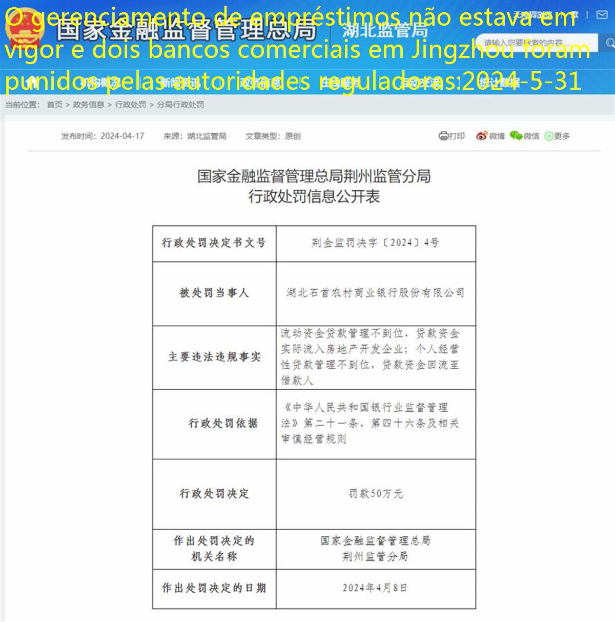 De acordo com informações sobre o site oficial do Hubei Supervision Bureau da Administração Estadual de Supervisão e Administração Financeira, as autoridades reguladoras imporão multas administrativas ao Hubei Shishou Rural Commercial Bank Co., Ltd. (Captura de tela do site oficial).